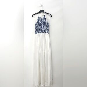 Blue and White Halter Maxi Dress